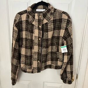 All in Favor Plaid Teddy Jacket in Brown and Cream